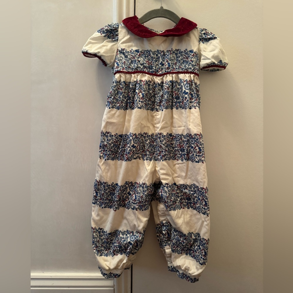 Floral Striped Jumpsuit with Velvet Red Collar